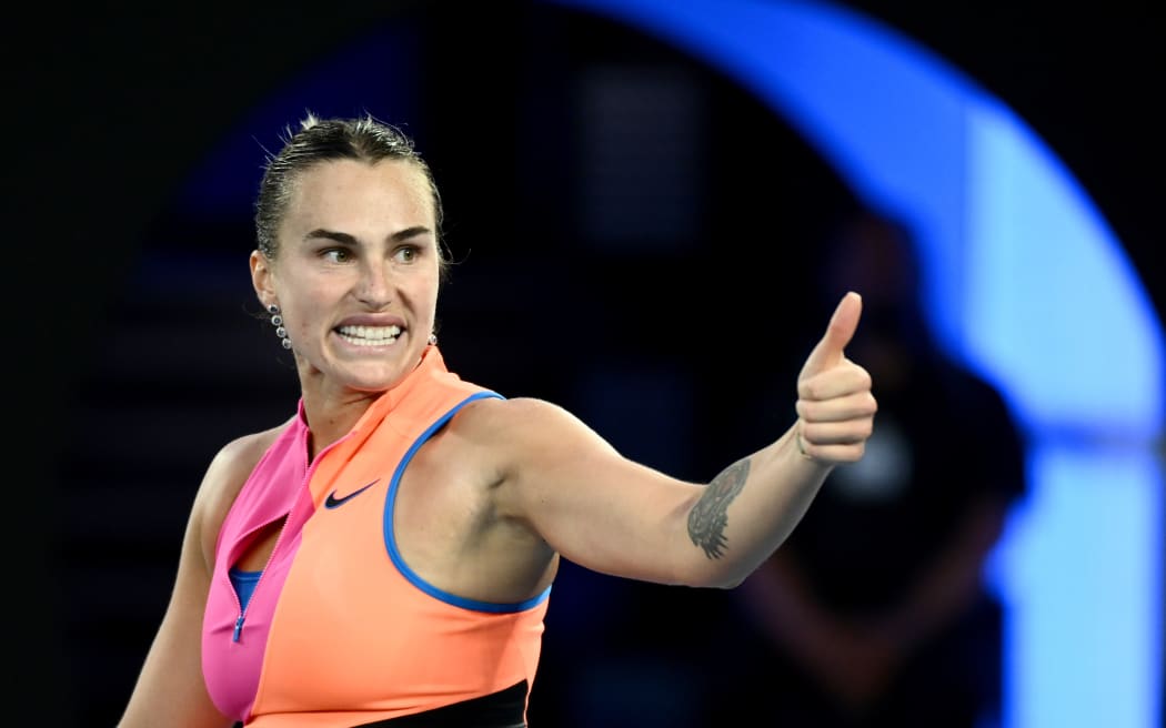 Aryna Sabalenka of Russia reacts during the women’s semifinal against Elina Svitolina of Ukraine on day 12 of the 2026 Australian Open tennis tournament at Melbourne Park in Melbourne, Thursday, January 29, 2026. (AAP Image/Joel Carrett/ Photosport)