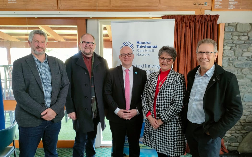 Kaikōura Mayor Craig Mackle (right), Waimakariri Mayor Dan Gordon, Waimakariri MP Matt Doocey, Hurunui Mayor Marie Black and Kaikōura MP Stuart Smith discuss rural healthcare provision during a rural health meeting in Hanmer Springs last July.