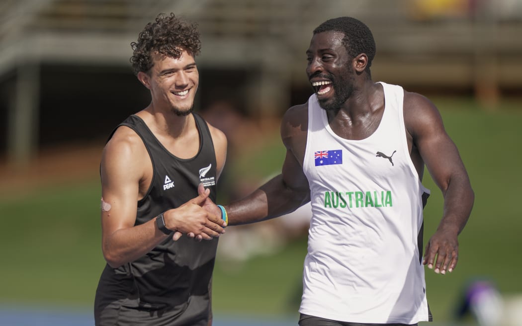 Former Kiwi sprint rivals Lex Revell-Lewis and Eddie Osei-Nketia found themselves on different teams at the Gold Coast relay camp.