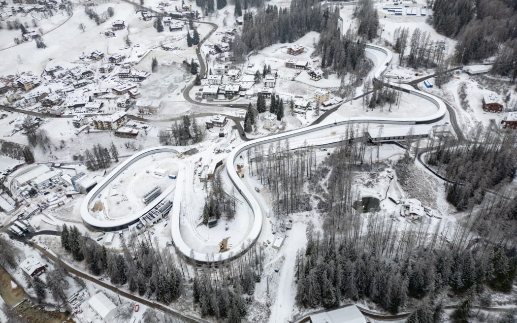 This aerial view shows the Olympic sliding center venue in Cortina, northern Italy.