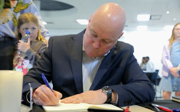 Prime Minister Christopher Luxon at He Maimai Aroha on Monday after the Mount Maunganui landslide