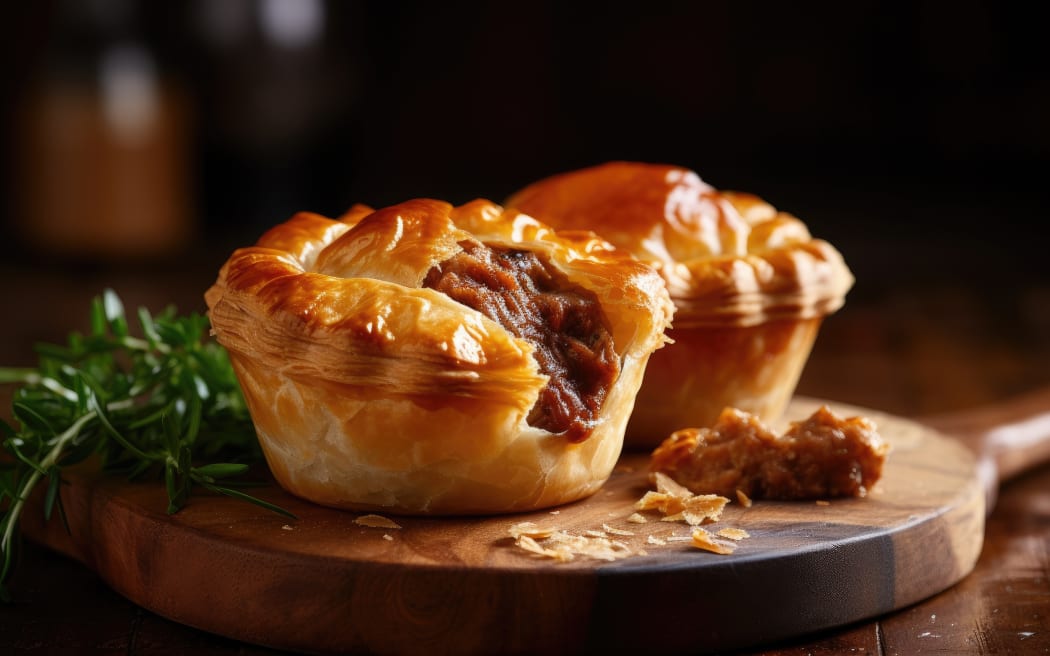 Close up of a rustic Australian meat pie on a wooden table with space for text
