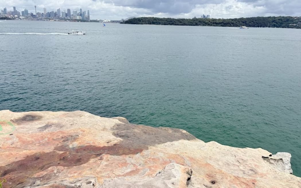 A large flat rock high above the water of Sydney harbour with the bridge and city seen in the distance.