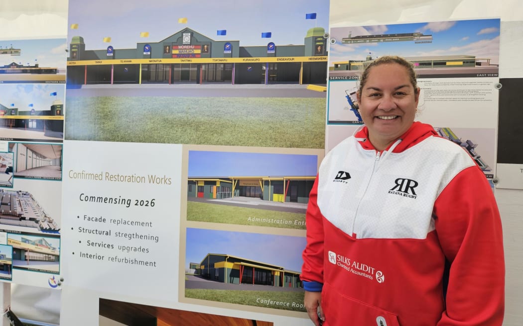 Project lead Talia Anderson-Town in front of some of the plans for Manuao, January 2026.