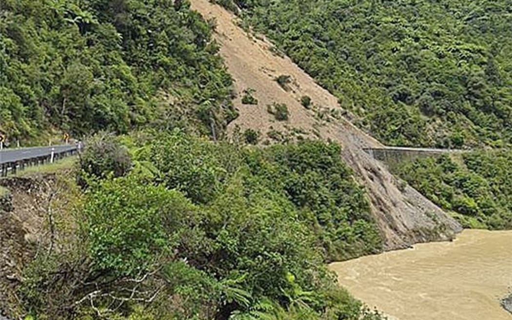 One of the slips blocking State Highway 2 through Waioeka Gorge.