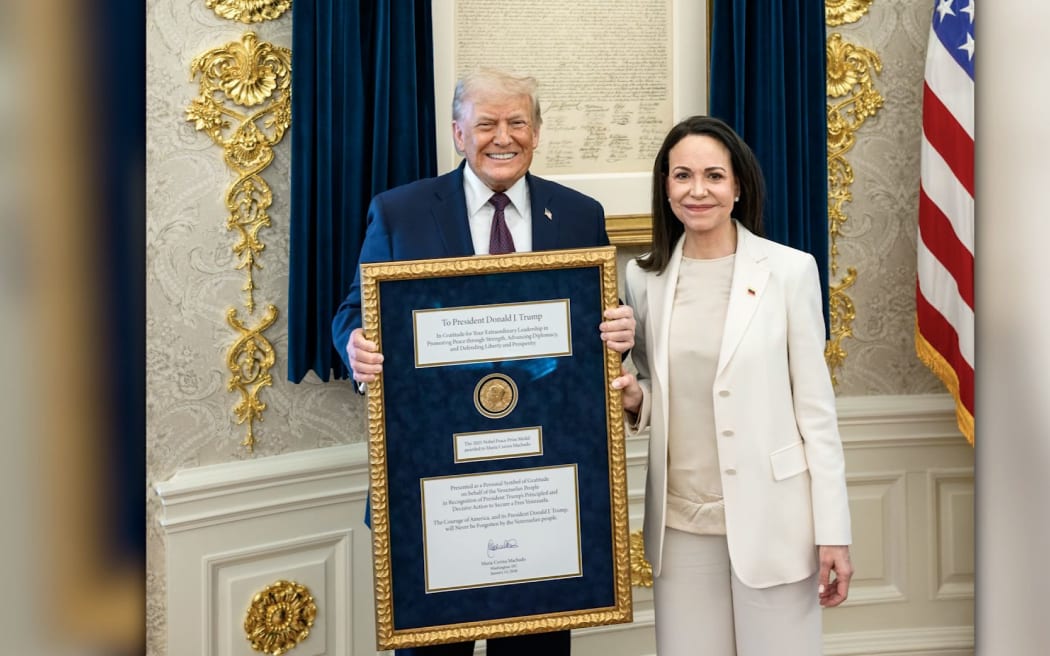 President Donald Trump meets with MarĂa Corina Machado in the Oval Office, where she presented him with her Nobel Peace Prize, on January 15.
Mandatory Credit: White House via CNN Newsource