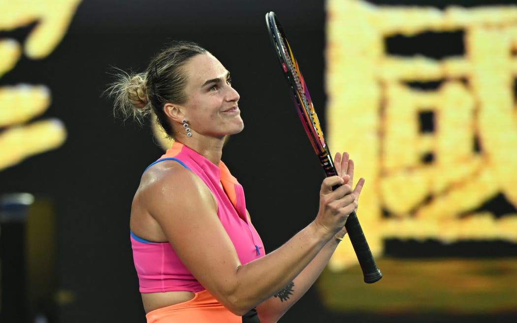 Aryna Sabalenka of Belarus reacts after winning the Women’s 1st round match against Tiantsoa Rakotomanga Rajaonah of France on day 1 of the 2026 Australian Open tennis tournament at Melbourne Park in Melbourne, Sunday, January 18, 2026. (AAP Image/James Ross / Photosport) NO ARCHIVING