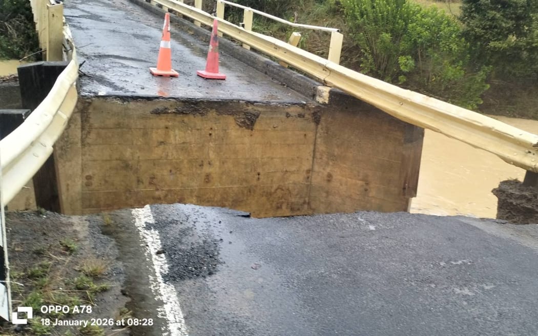 The Ngaiotonga Bridge was washed out after flooding from heavy rain, Whangarei District Council said on 18 January, 2026.