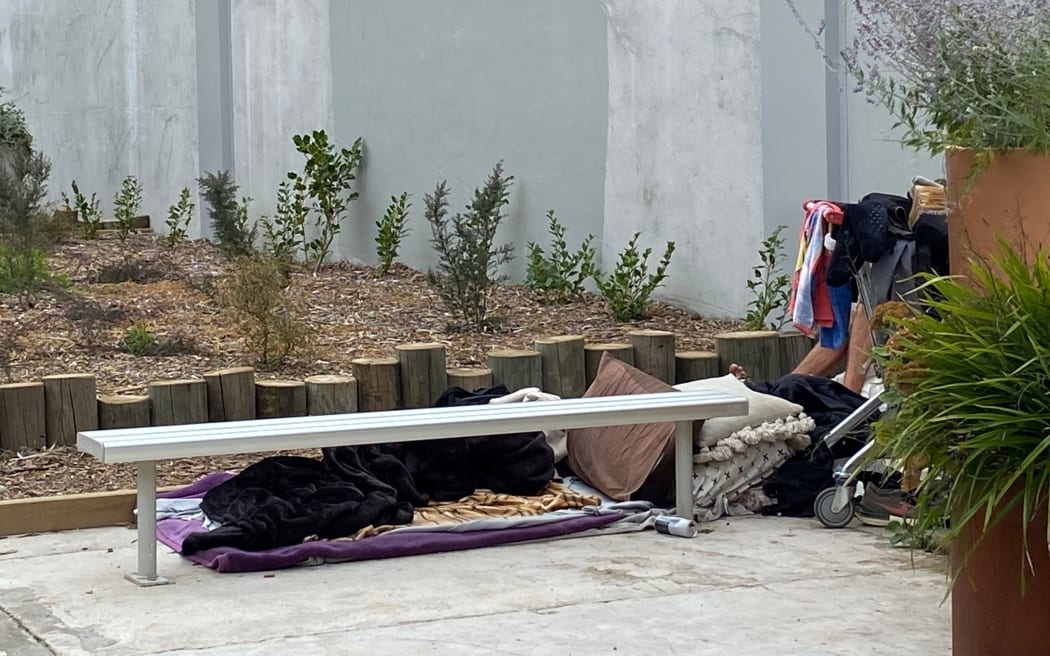 A homeless person on the street, in Grey Street, Tauranga.