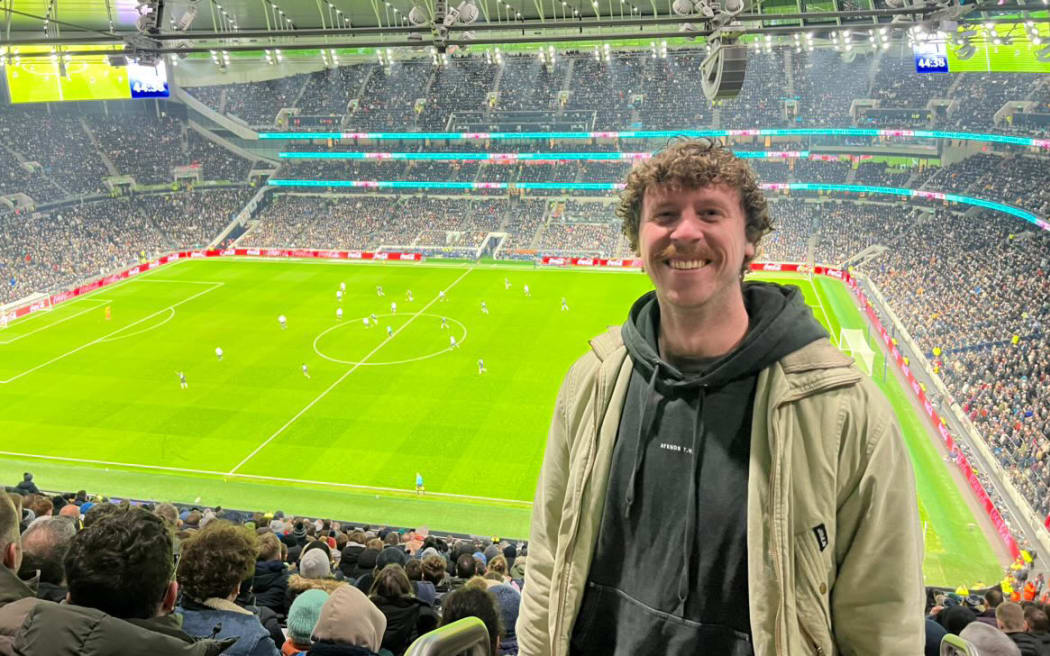 Kiwi Oliver Tattersall at a football match in London during his OE.