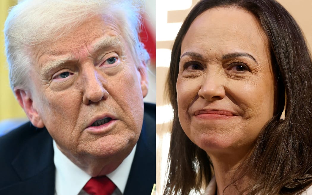 (COMBO) This combination of pictures created on January 14, 2026 shows US President Donald Trump at the White House in Washington, DC, on March 26, 2025 and Nobel peace laureate Maria Corina Machado in Oslo, Norway, on December 11, 2025. On January 15 US President Donald Trump is scheduled to meet with Venezuelan opposition leader Maria Corina Machado, whose pro-democracy movement he has sidelined since toppling her country's leader, and whose Nobel Peace Prize he openly envies.
Machado's White House visit comes a day after Trump used glowing terms to describe his first known call with Venezuela's interim president Delcy Rodriguez, confirming his satisfaction with the allies of Nicolas Maduro remaining in power, for now at least. (Photo by Mandel NGAN and Odd ANDERSEN / AFP)