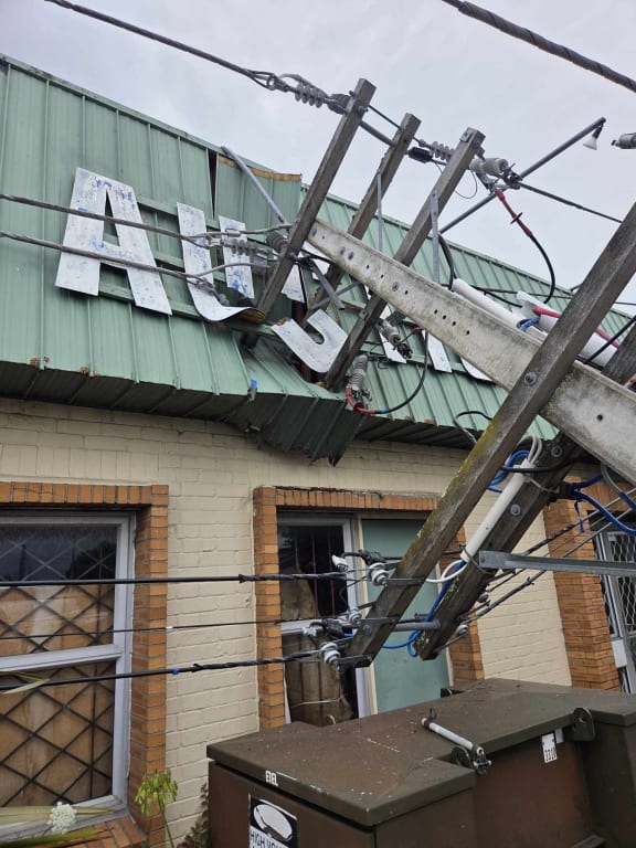 A bus has collided with a power pole in New Lynn, causing damage to Green Bay Auctions.