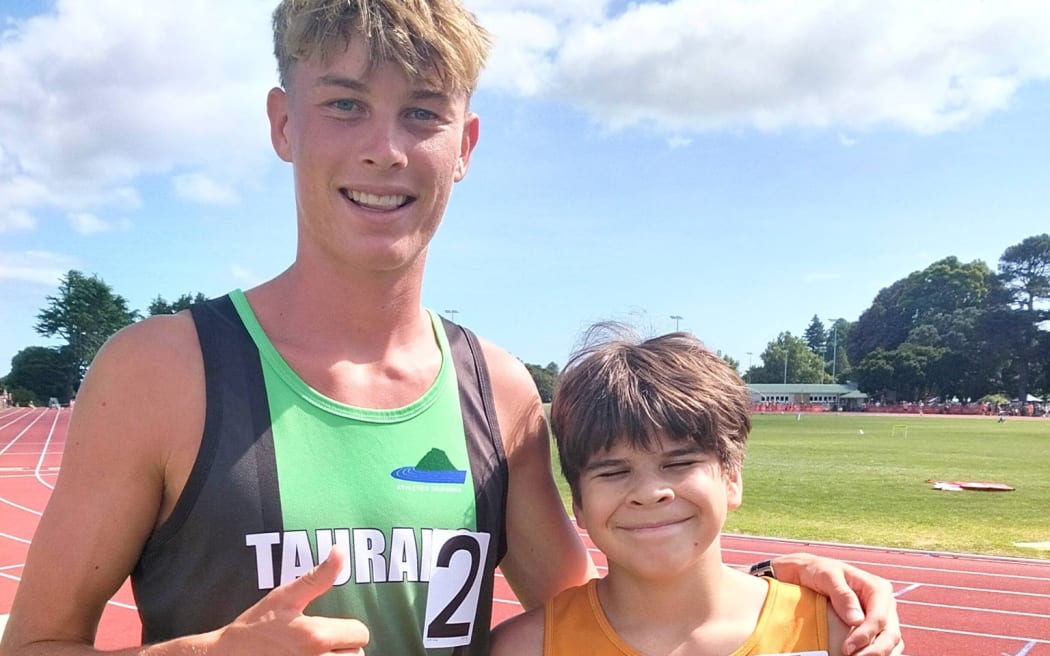 Sam Ruthe and Tamahau Hicks after competing at the Colgate Games, Tauranga.