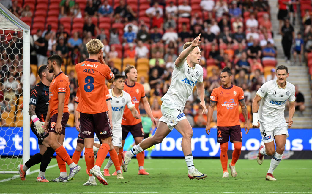 Sam Cosgrove of Auckland reacts after scoring against Brisbane, 2026.