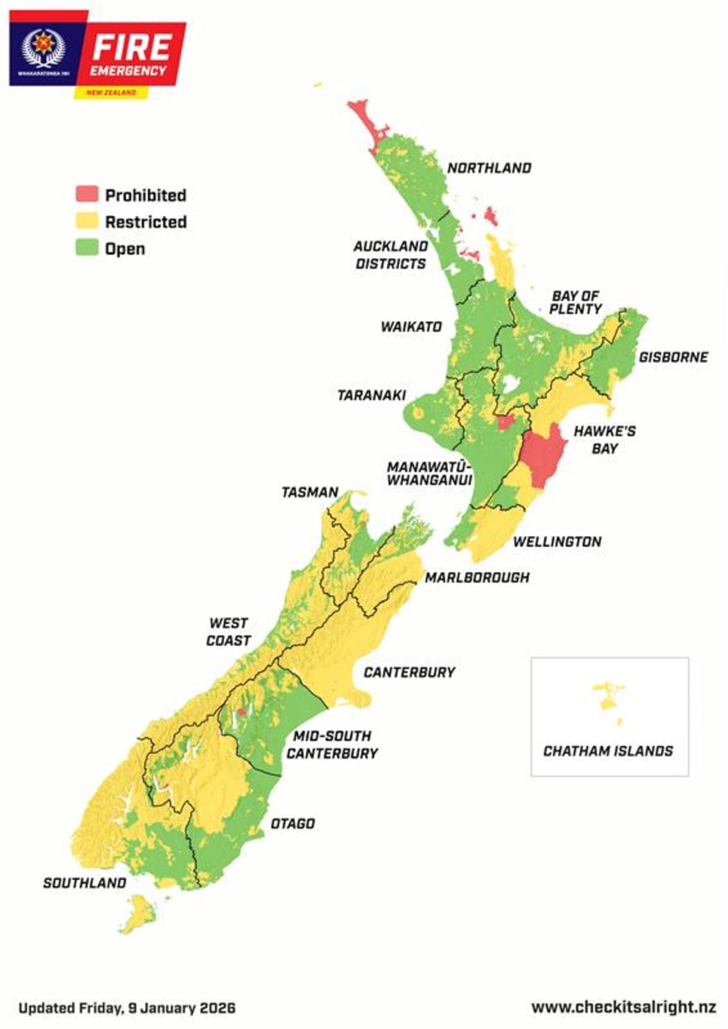 Fire and Emergency's map of where fires are banned, or restricted, across the motu.