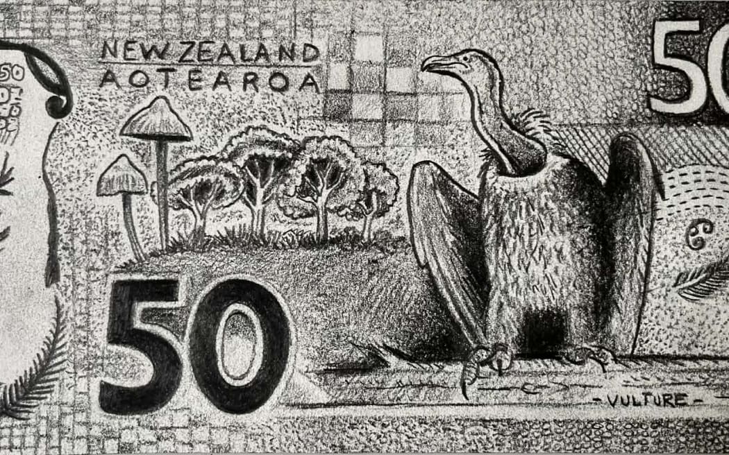 Bruce Mahalski says his hand drawn note has Shane Jones rather than Earnest Rutherford and a vulture rather than a kokako and the Beehive rather than a marae. Photo: Supplied