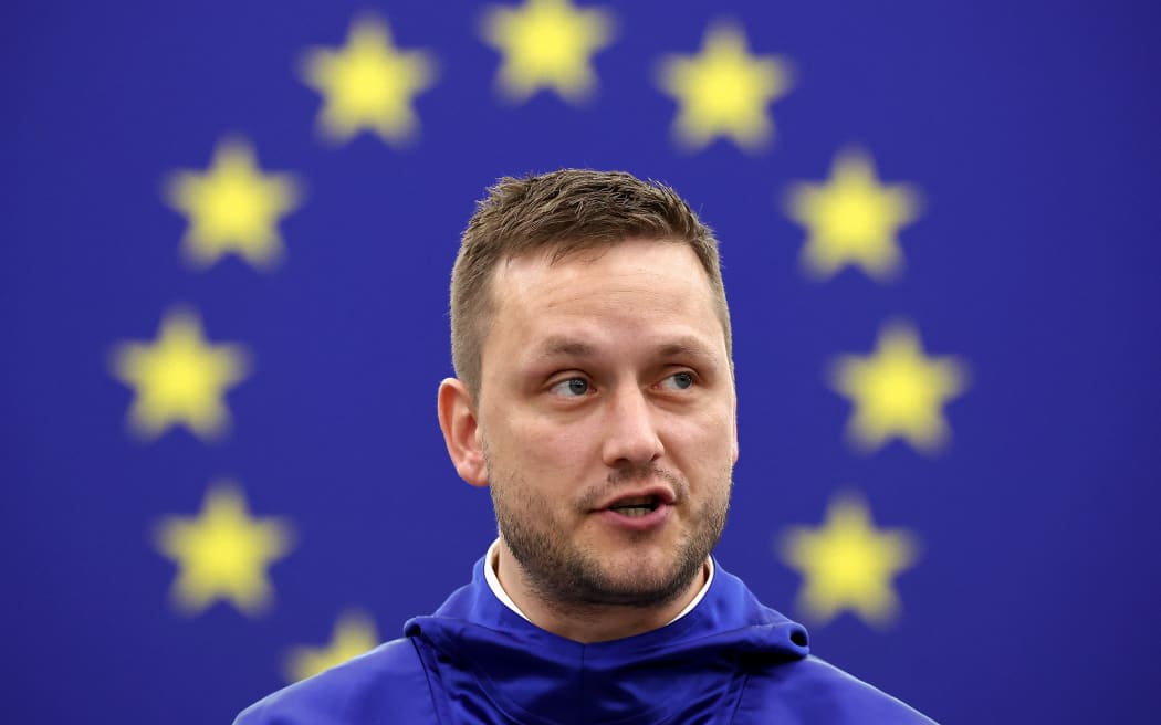 Greenland's Head of Government Jens-Frederik Nielsen addresses Members of European Parliament (MEP) during a formal sitting at the European Parliament in Strasbourg, eastern France, on October 8, 2025.