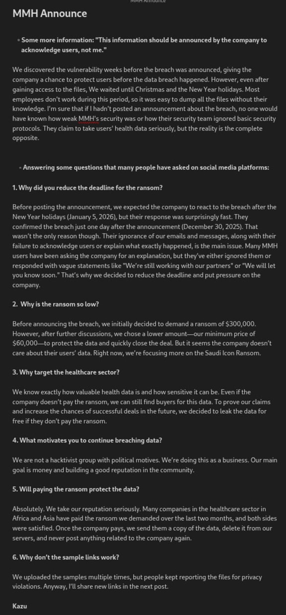 This deadline escalation statement was shared in a Telegram channel run by Kazu regarding the ManageMyHealth data breach.