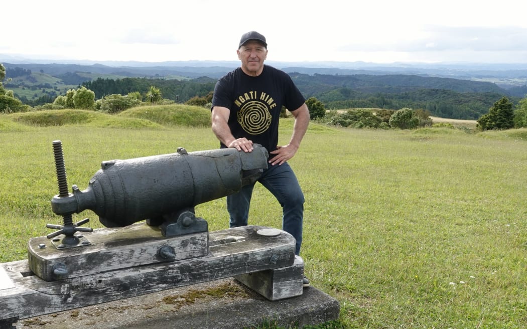 Te Ruapekapeka Trust chairman Pita Tipene with a 12-pounder artillery piece known as Kawiti’s carronade.