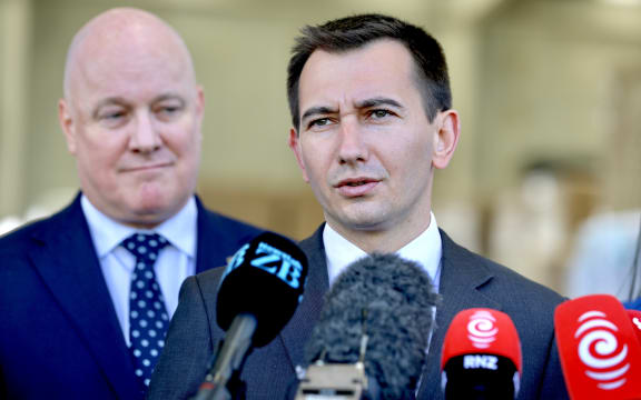 Simeon Brown at a media stand-up with Prime Minister Christopher Luxon in Auckland, 24 November 2025.