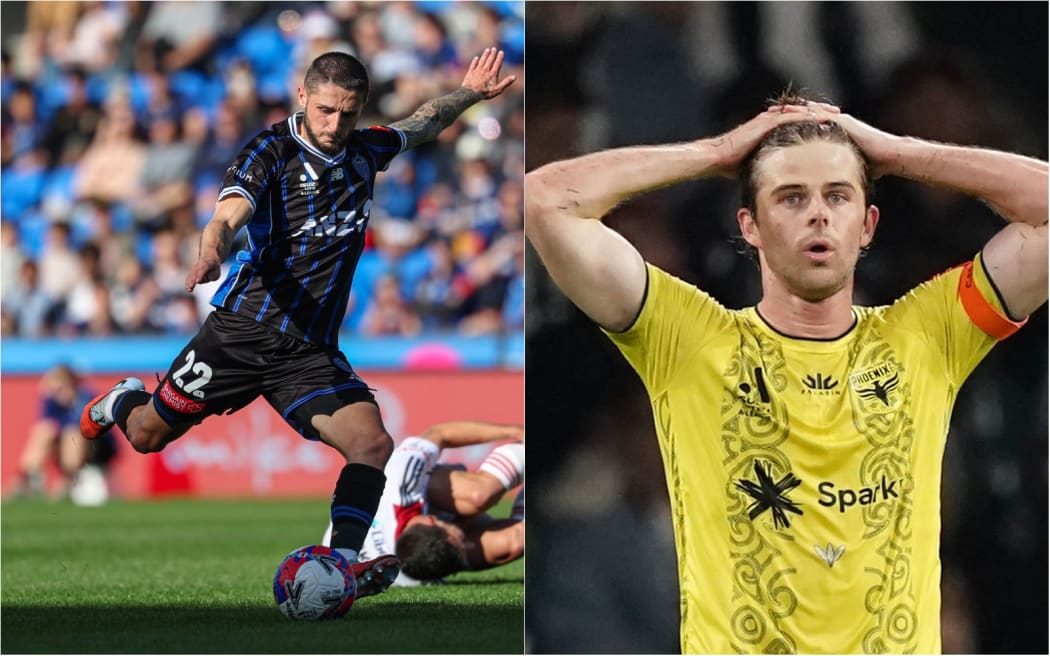 Auckland FC stand-in captain Jake Brimmer and Wellington Phoenix captain Alex Rufer.