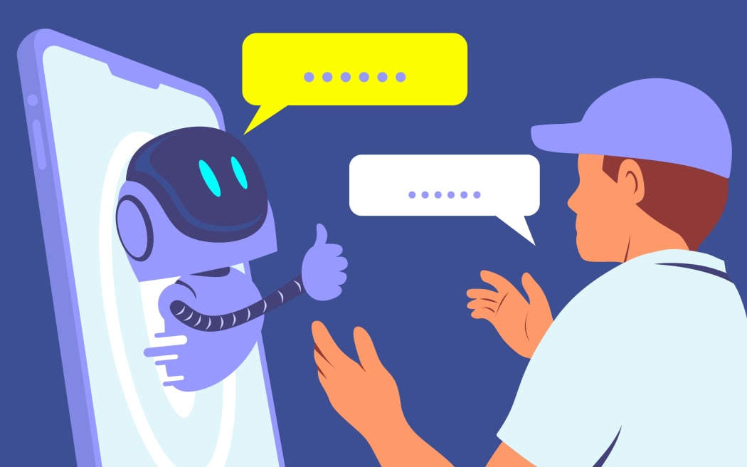 An illustration of person interacting with chatbot on phone.