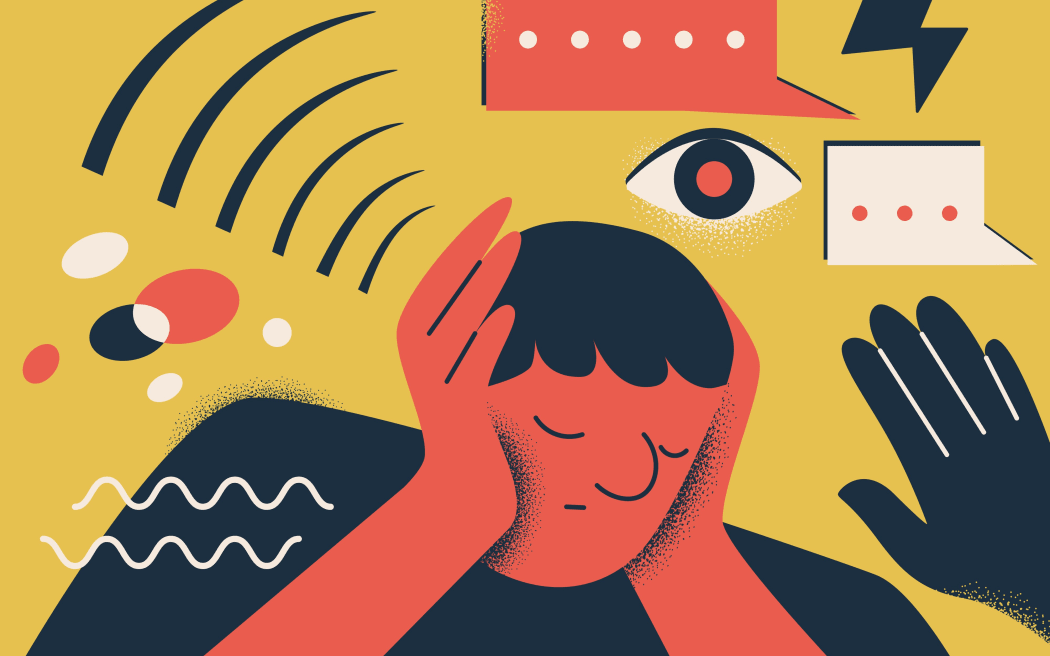 An illustration of a person with their hands covering their ears and sensory icons surrounding them such as speech bubbles, eye contact and a person's hand.