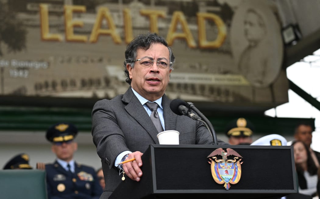 Colombia's President Gustavo Petro delivers a speech in front of Colombia's new Minister of Defense, General Pedro Sanchez (out of frame), during a troop recognition ceremony at the Jose Maria Cordova Military Cadet School in Bogota on March 11, 2025.