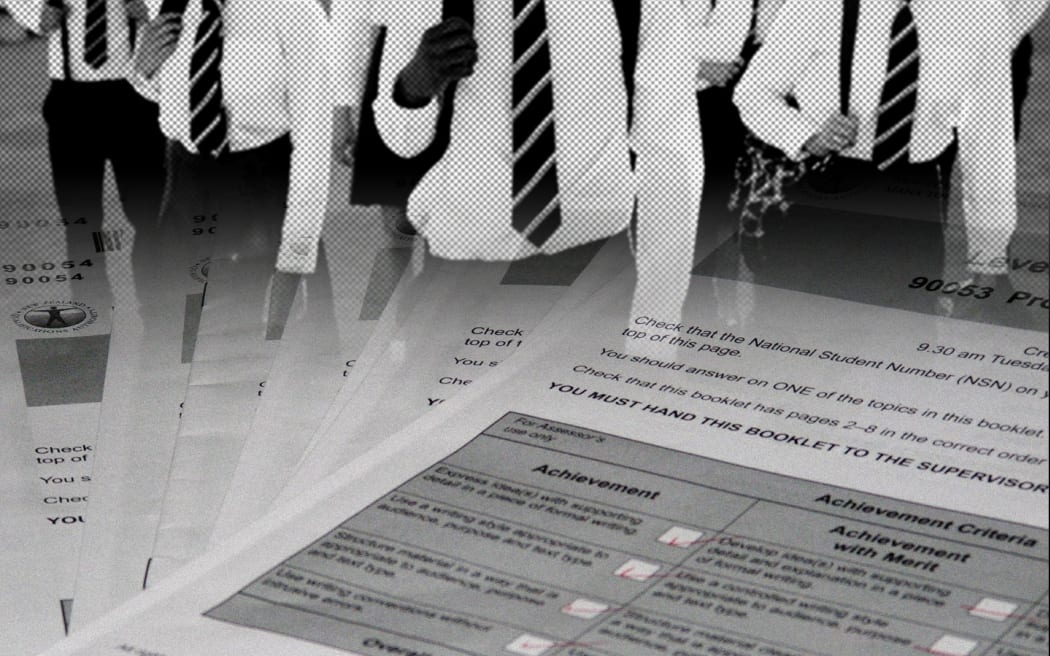 Composite graphic of education imagery. Education, schools, students, curriculum, NCEA, learning, books.