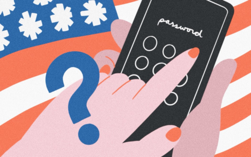 Stylised illustration of phone, question mark and US flag