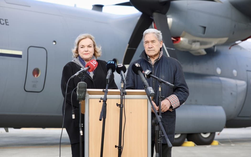 Winston Peters & Judith Collins at the announcement that the Defence Force was sending a plane to the Middle East to assist any New Zealanders stranded in Iran or Israel on 22 June, 2025. This followed US strikes against Iranian nuclear facilities.