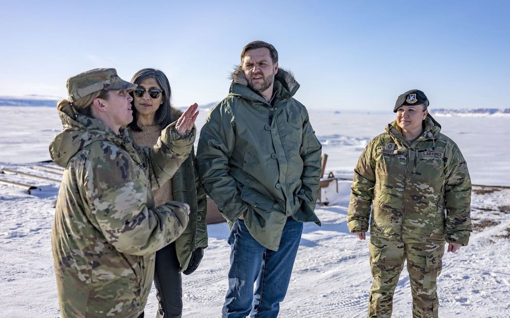 Vice President JD Vance and second lady Usha Vance tour the US military's Pituffik Space Base on March 28, in Pituffik, Greenland with base commander Susannah Meyers, left.