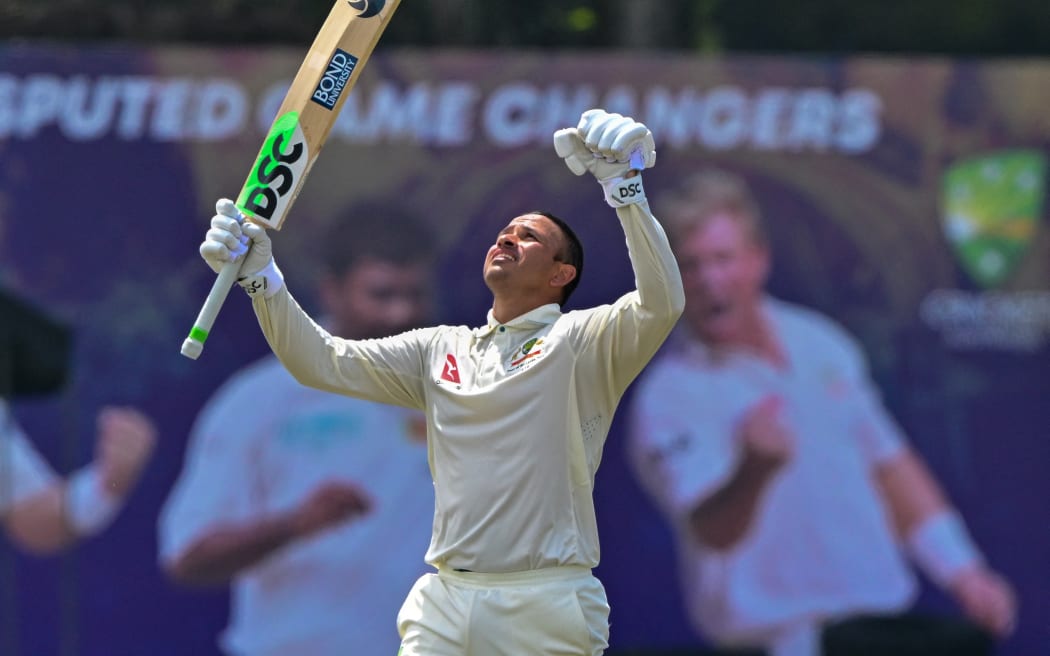 Usman Khawaja celebrates after scoring a double century during the second day of the first cricket test between Sri Lanka and Australia in Galle. 30 Jan, 2025.