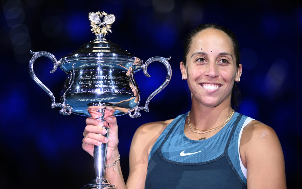 Madison Keys of the USA holds the Daphne Akhurst Memorial Cup following her Women’s final win over Aryna Sabalenka of Belarus during the 2025 Australian Open at Melbourne Park.