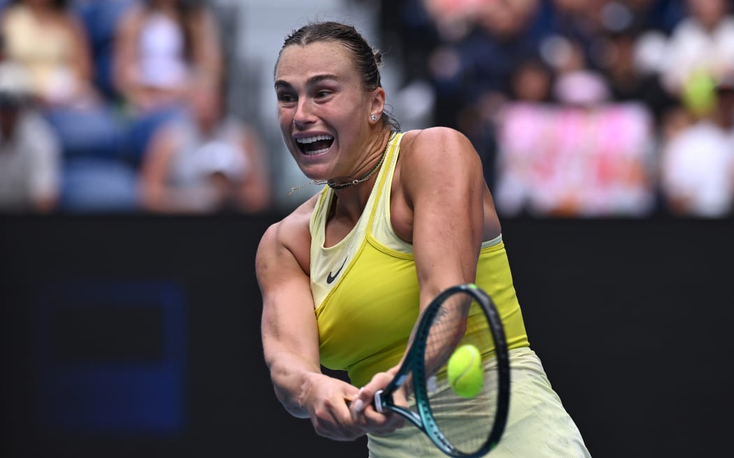 Aryna Sabalenka of of Belarus returns during her round 2 match against Jessica Bouzas Maneiro of Spain during the 2025 Australian Open at Melbourne Park in Melbourne, Wednesday, January 15, 2025. (AAP Image/James Ross) NO ARCHIVING, EDITORIAL USE ONLY