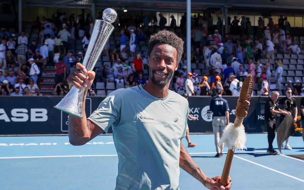 Gael Monfils of France with the trophy after defeating Zizou Bergs of Belgium to win the Singles Grand Final Match of the 2025 Men’s ASB Classic.