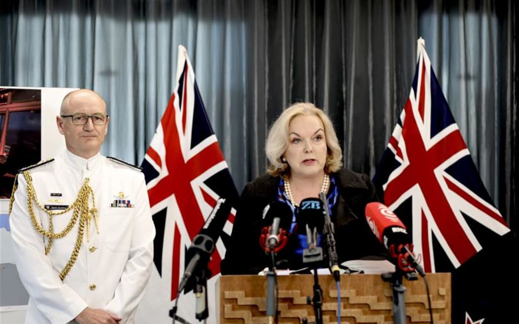 Chief of Navy, Rear Admiral Garin Golding and Defence Minister Judith Collins announce the findings of the Manawanui sinking report on Friday, 29 November 2024.