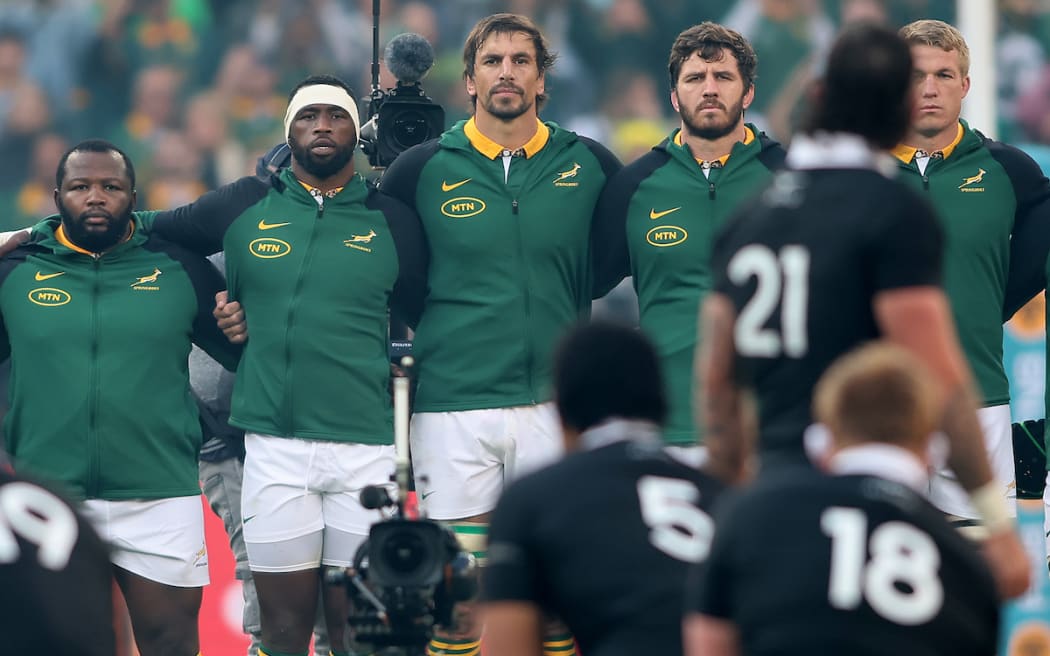 South Africa look on as New Zealand peform the Haka during the Rugby Championship 2nd Test Match between South Africa (Springboks) and New Zealand (All Blacks) Saturday 7th September 2024 at  DHL Stadium Cape Town, Cape Town