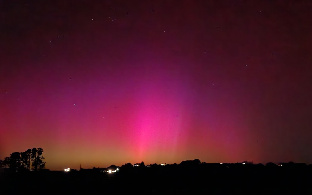 Aurora lights up the sky in Mercer, Auckland on 11 May, 2024.