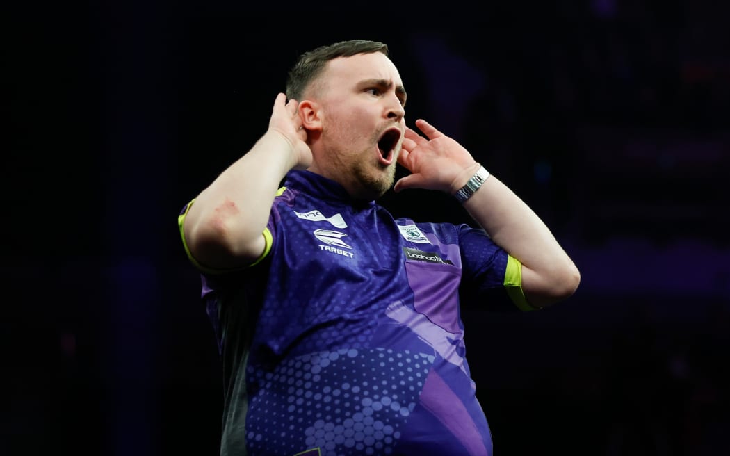 Luke Littler wins his PDC Premier League Darts semi-final match against Nathan Aspinall 6-5 in Liverpool. 25 April, 2024.
