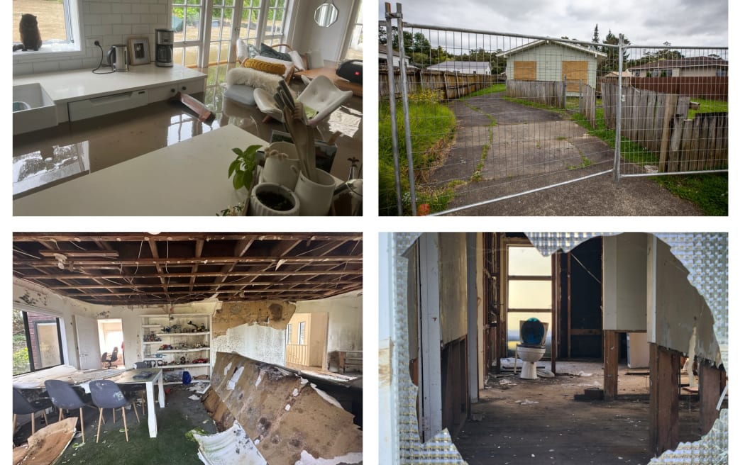 Damage from the Auckland Anniversary Weekend floods, from top left: Derek Judge's Swanson home was flooded by the rapidly rising Waimoko Stream; houses in Swanson sit abandoned and vandalised in November; Andrew Marshall's red-stricken house in Swanson is still being hit by vandals a year on from the floods; Julie Armstrong's Northcote home was badly damaged by the flood waters.