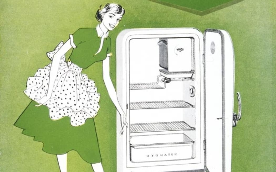 An advertisement for a Frigidaire refrigerator from the mid-1950s. While such appliances are taken for granted today, in 1959 only 54% of New Zealand dwellings had the sole or shared use of a refrigerator.