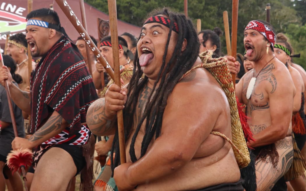 A mass haka during the battle’s 175th anniversary commemorations.