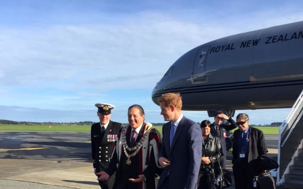 Prince Harry (front, right) meets with Invercargill Mayor Tim Shadbolt.