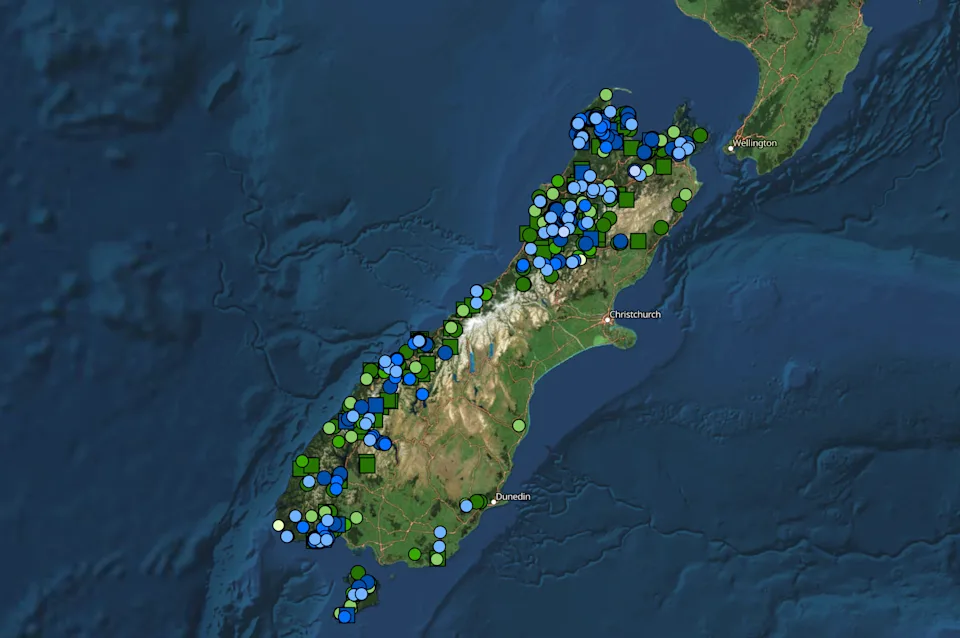 A map showing where the South Island kōkako may have been encountered.