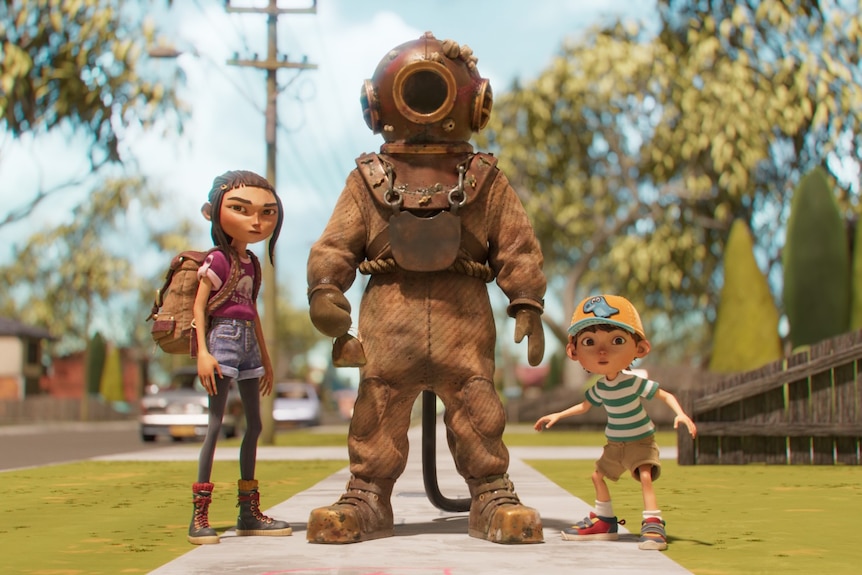Animated still image of an old style deep sea diver on a suburban street, a young girl and small boy on either side