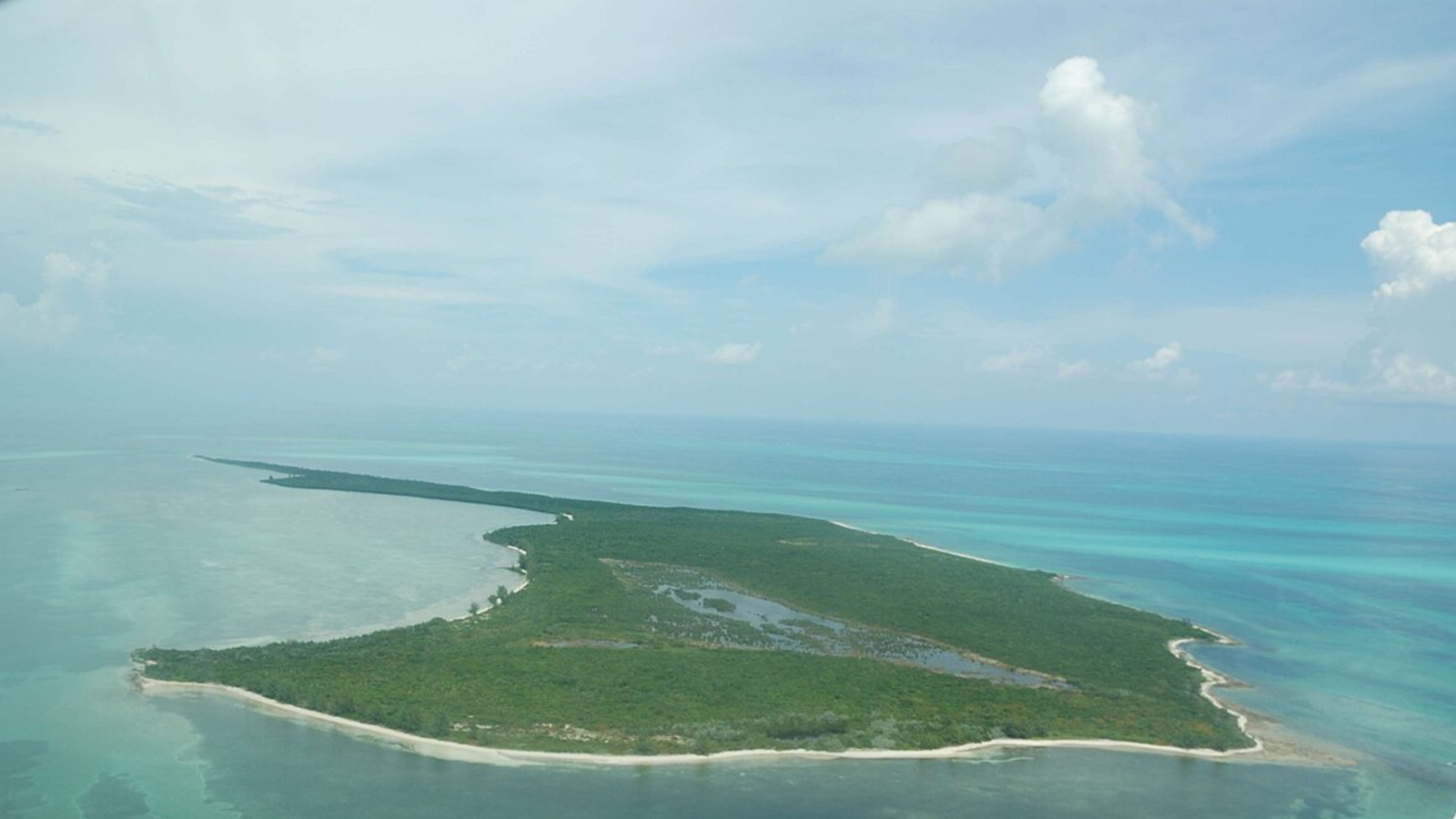 A photo of Strangers Cay taken from an airplane window