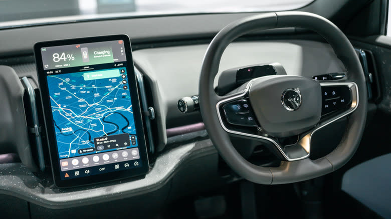 Inside Volvo's EV vehicle with proprietary infotainment system running on the display