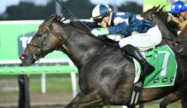 The Ciaron Maher-trained Spywire wins the $1m Magic Millions Syndicate with Ethan Brown riding. Picture: Grant Peters / Trackside Photography