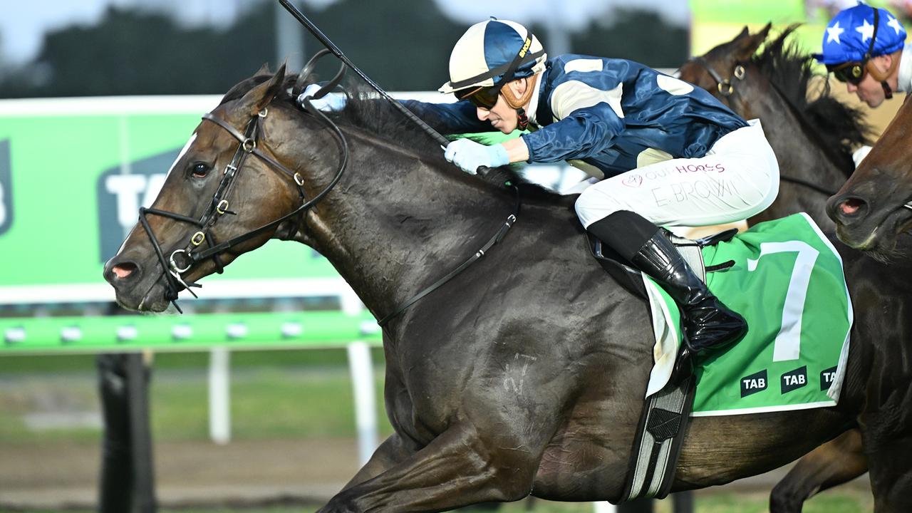 The Ciaron Maher-trained Spywire wins the $1m Magic Millions Syndicate with Ethan Brown riding. Picture: Grant Peters / Trackside Photography